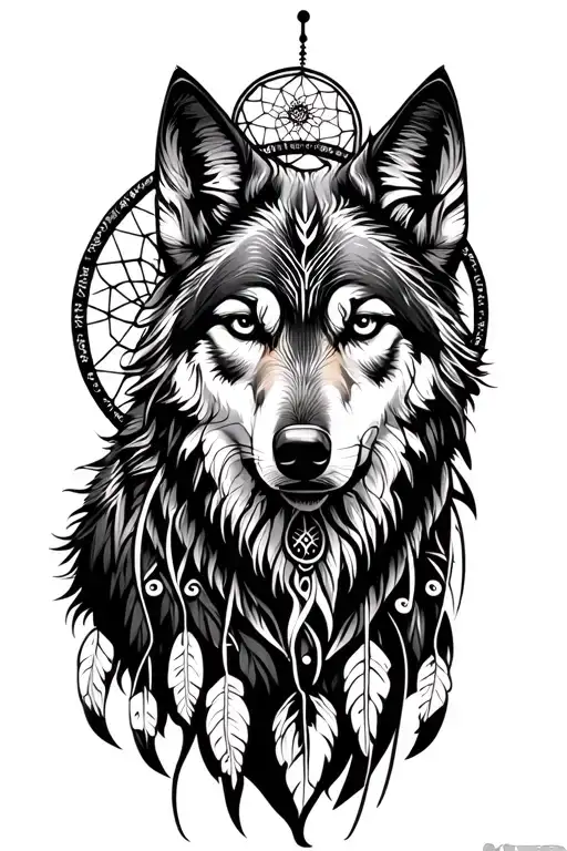 Tribal Wolf And Dream Catcher