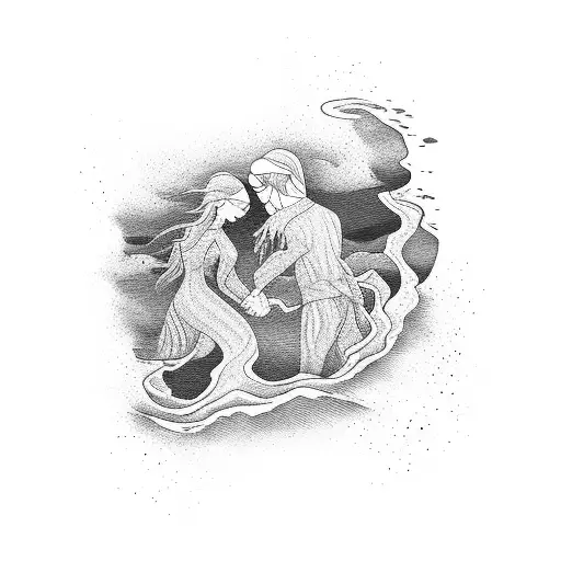 River Flowing To An Ocean With A Couple Holding Hands