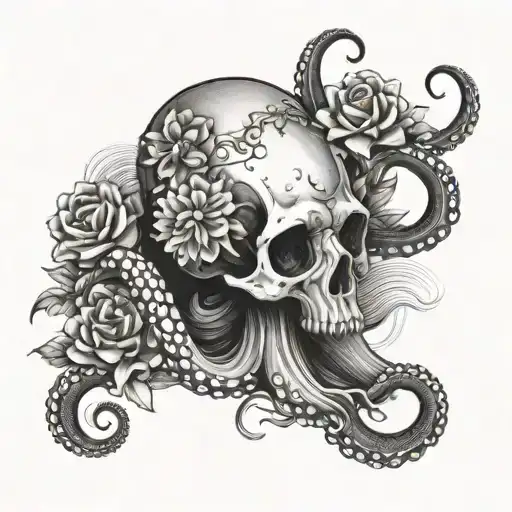 An Octopus Holding A Skull On The Beach Surrounded By Peones