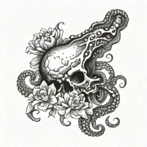 An Octopus Swimming Surrounded By Peones And A Small Skull In The Background