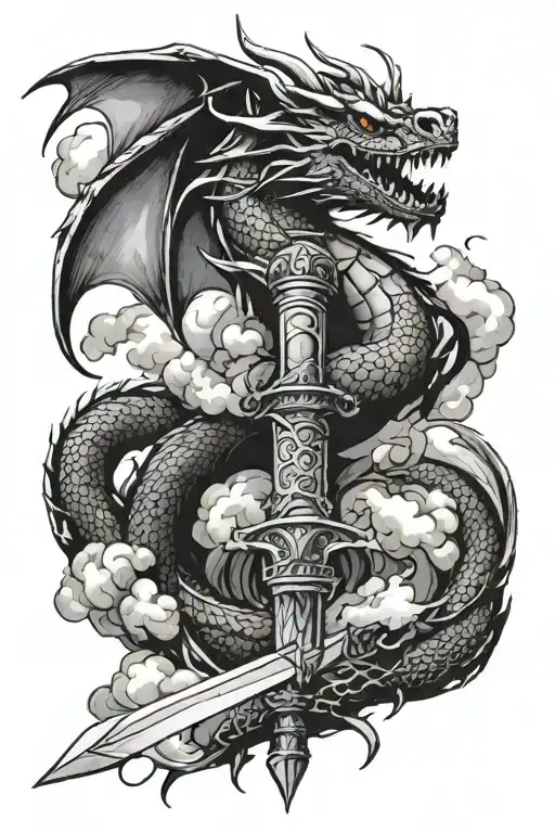 A Dragon Wrapped Around A Sword With Clouds And Lightning