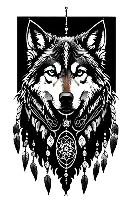 Tribal Wolf And Dream Catcher