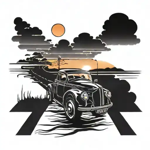 Car Drives On A Highway Into The Sunset