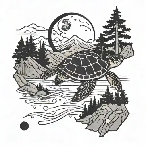 A Fusion Of Korean And Wyoming Landscapes With A Sea Turtle And Moon As Focal Points