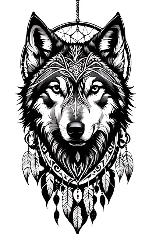 Tribal Wolf And Dream Catcher Entangled