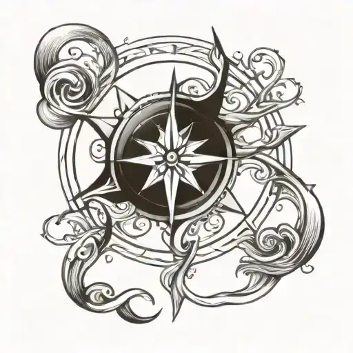 A Compass Rose Intertwined With Ocean Waves