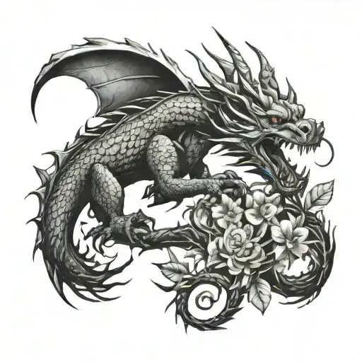 Tattoo Of A Kind Dragon Surrounded With Plants Tattoo