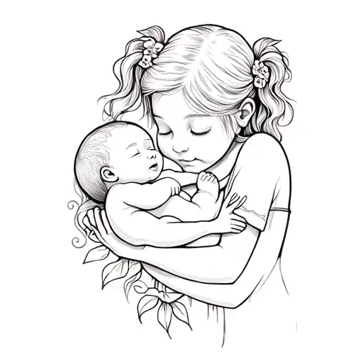 A Little Girl Holding A Newborn Baby