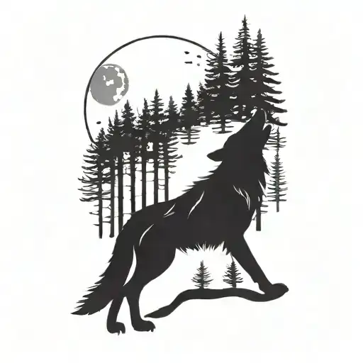 A Wolf Silhouette Howling At The Moon In A Dark Forest