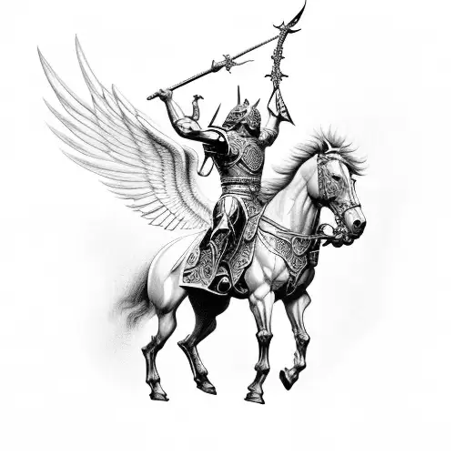 Archangel Michael In The Midst Of An Epic Battle Riding A Horse That Is Rearing Up On Its Hind Legs