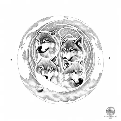 Moon With 5 Wolves Close Together Underneath The Moon