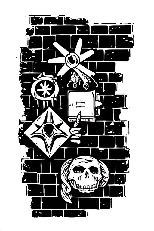 Brick Wall With Gang Tattoo Design Featuring Iconic Symbols