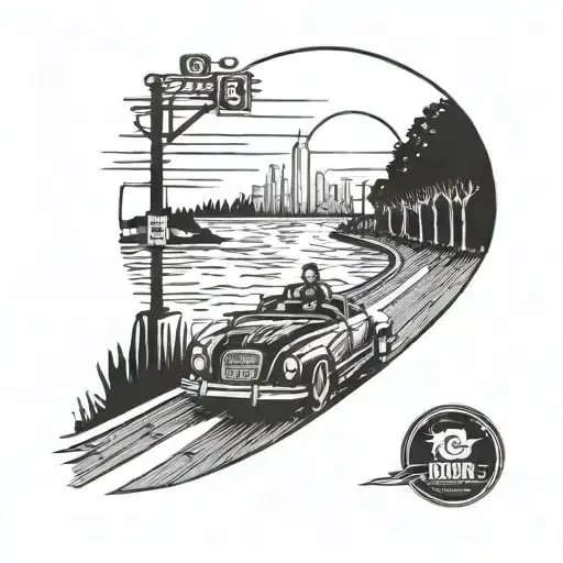 Cabrio Drives On A Highway Into The Sunset With Two People In It And A Streethighway Sign