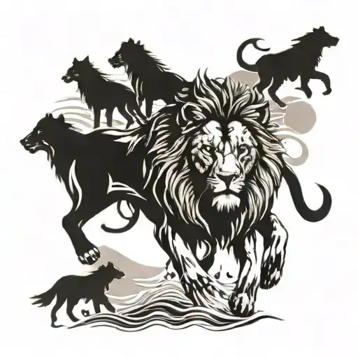 A Strong-willed Lion Leading A Pack Of Wolves Through A Beach Sunset