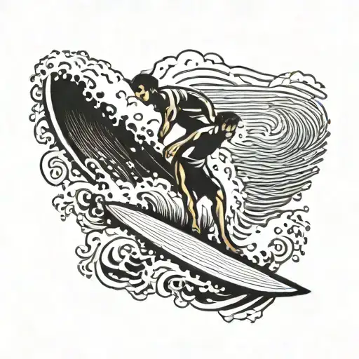 Hawaiian Style Petroglyph Of A Dad And Son Surfing A Wave On The Same Longboard