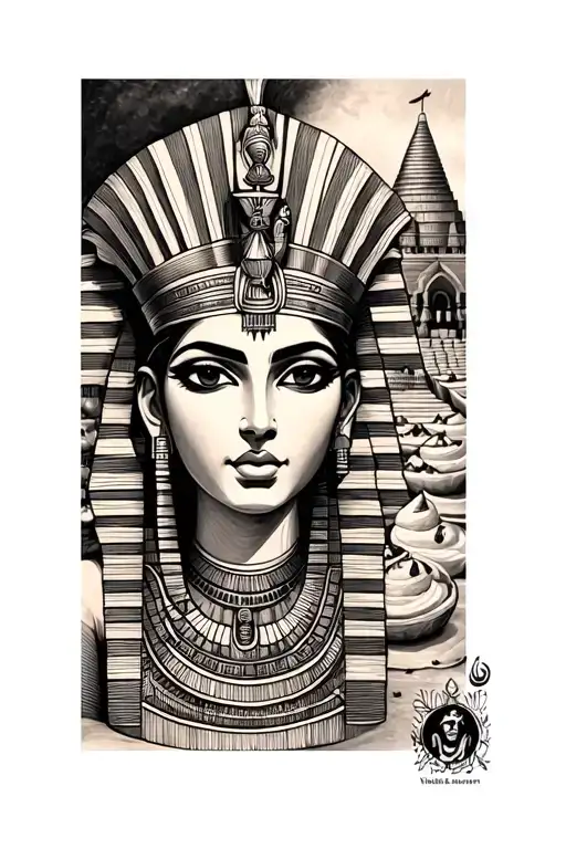 Egyptian Tattoo Of A Vailed Woman Face And In The Background There Is Dessert And Temples