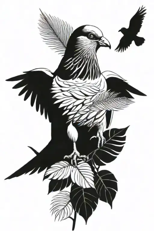 Pigeon Carring A Palm Leaf In His Mouth