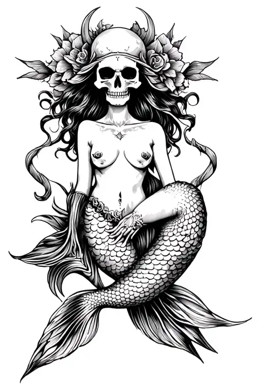 An Evil Nymph Aquarius Skull Mermaid In American Traditional