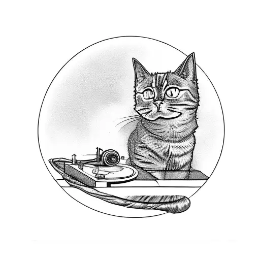 A Tattoo Of A Bewitched Cat Sitting On A Mid-century Modern Chair With A Record Player Nearby