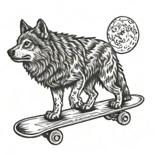 A Blackwork Tattoo Of A Wolf Howling At The Moon With A Skateboard In Its Mouth