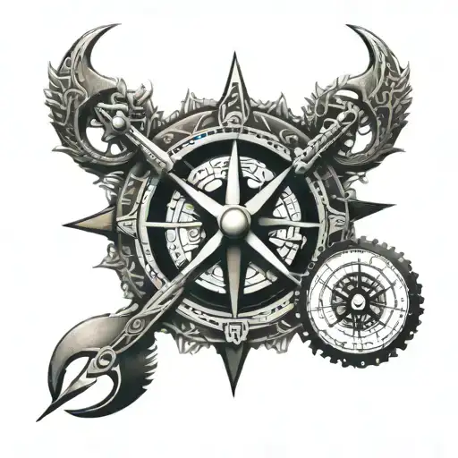 Viking Compass Intertwined With Mechanical Clockwork