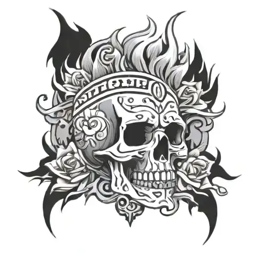 Right Arm Sleeve With Skull On Top Of Money With Flames Going Up