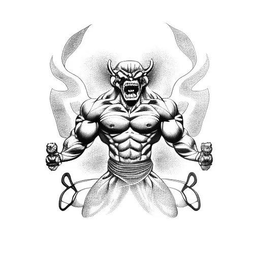 Muscular Japanese Demon With Bandages On Hands