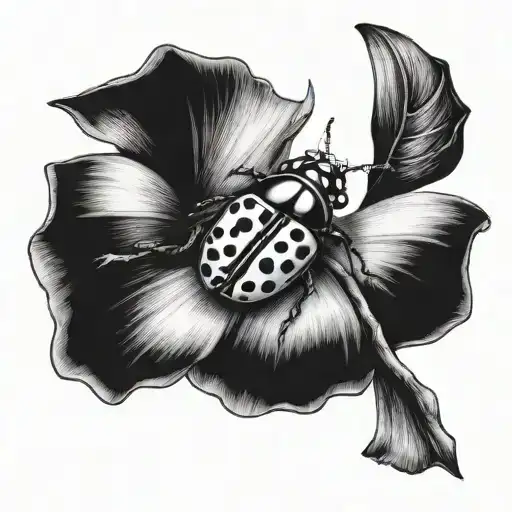A Realistic Blackwork Ladybug With A Cancer Ribbon Intertwined
