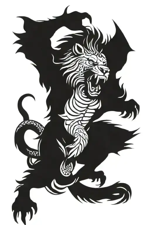 Winged Snarling Lion Fighting A Snake