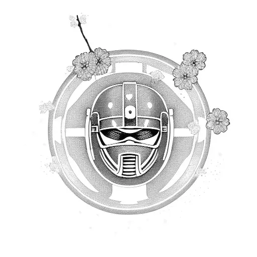 A Spartan Helmet Adorned With Japanese Cherry Blossoms In A Blackwork Style