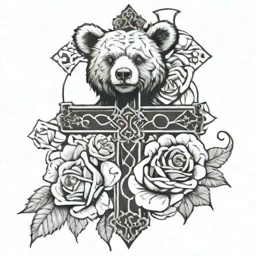 Christian Cross With Roses And A Bear