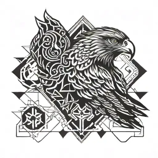 Abstract Geometric Hawk Design Intertwined With Business Symbols For An Intricate Arm Band