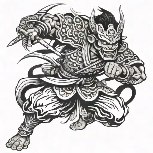 Japanese Warrior Wearing A Hanya Mask In A Fierce Battle Pose
