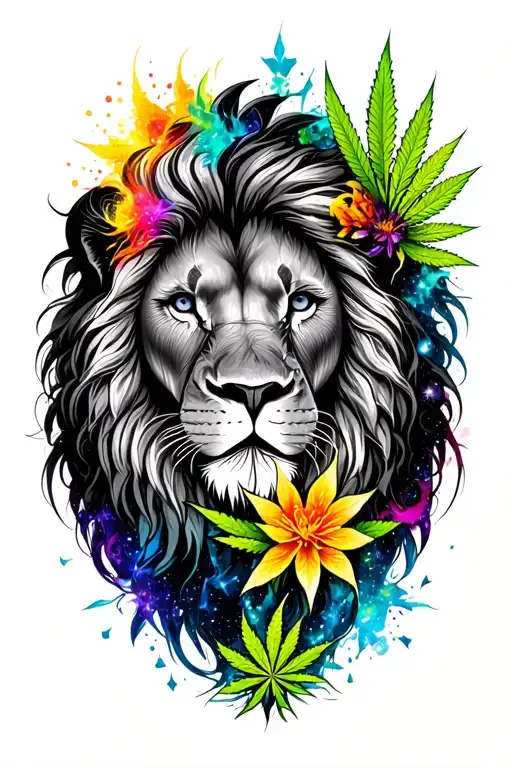 Black Mane Lion Infused With Colorful Galaxy And Cannabis Flower