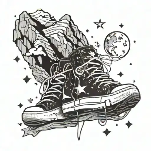 A Pair Of Sneakers Hanging From A Mountain Peak With Stars In The Sky