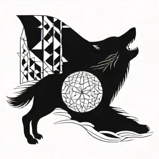 A Wolf Howling At The Moon With Intricate Geometric Patterns Incorporated Into The Design