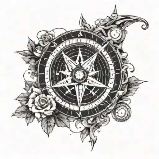 A Celestial Tattoo Of The Virgo Zodiac Sign Intertwined With A Compass Rose And Steering Wheel