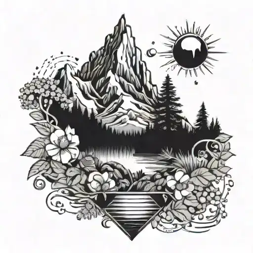 A Psychedelic Music-themed Tattoo Incorporating Elements Of Nature And Mountains