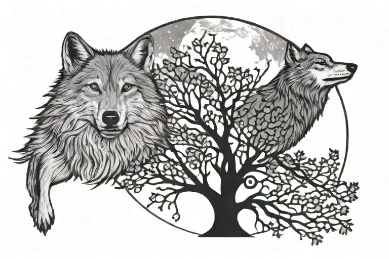 Wolf Background Moon And Tree Of Life