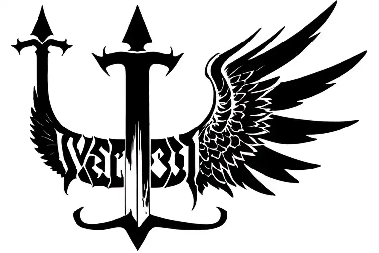 A Inverted Sword With Wings Spread Wide And Warrior Font In The Bottom