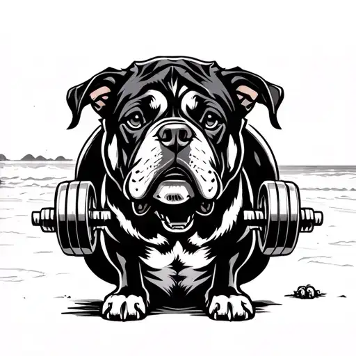 A Muscular Dog Lifting Weights On The Beach