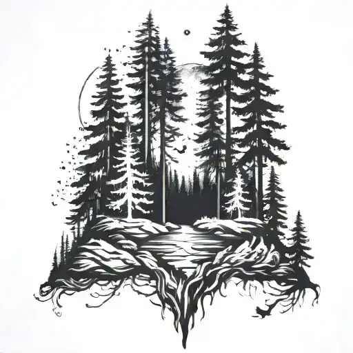 Long Vertical Tattoo With A Forest Scene At The Bottom And Changing To The Galaxy At The Top