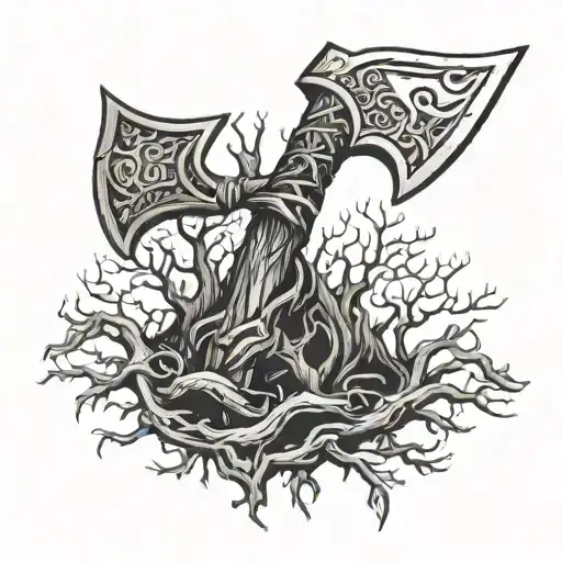 Viking Battle Axe Thats Being Held By Dead Tree Branchs