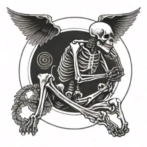 Skeleton Thinking While Sitting On A Black Circle