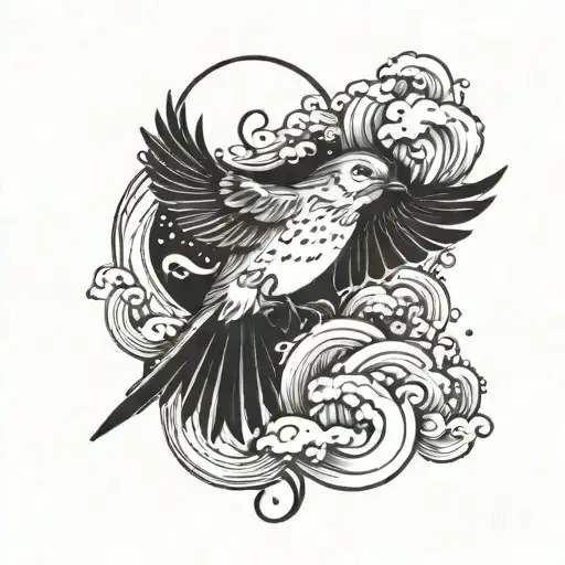 A Tattoo Design Combining The Name 'Robin' With Elements Of Clouds And Ocean Waves