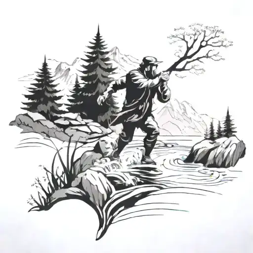 A Man Fighting His Way Through A Forest With A Stream And Mountain