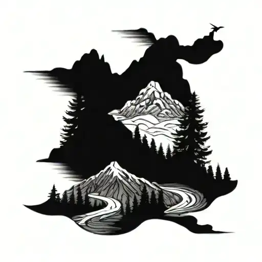 A Detailed Mountain Landscape With A Winding River And Lush Trees