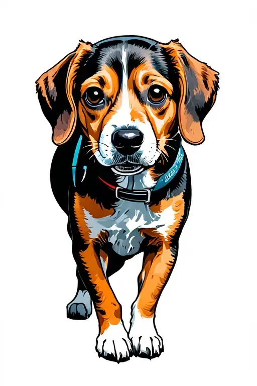 Small Beagle From Behind Walking To A Big City Skyline