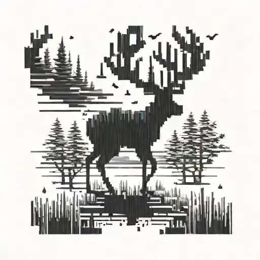 A Pixelated Deer Silhouette Blending Into A Video Game Landscape