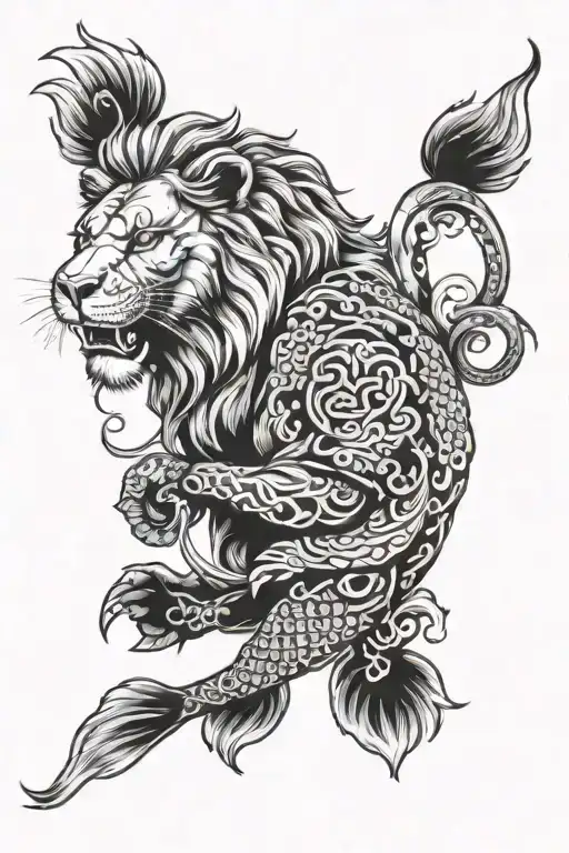 A Lion With A Koi Fish In His Mouth